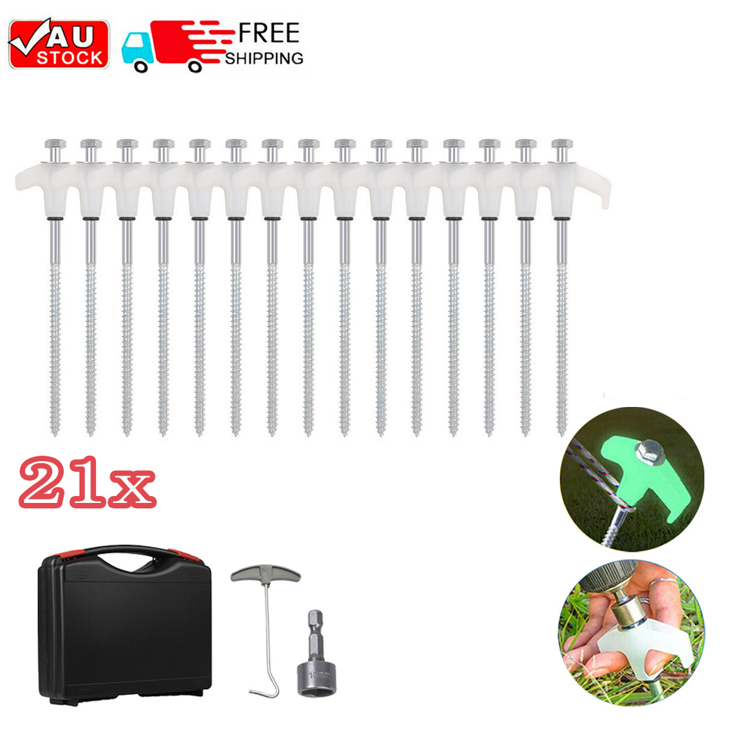 TEMU 21pcs/set 8-inch Heavy-duty Stainless Steel Tent Pegs - Screw In Ground Anchor Stakes With Hex Head Driver And Carry Case - Luminous Outdoor