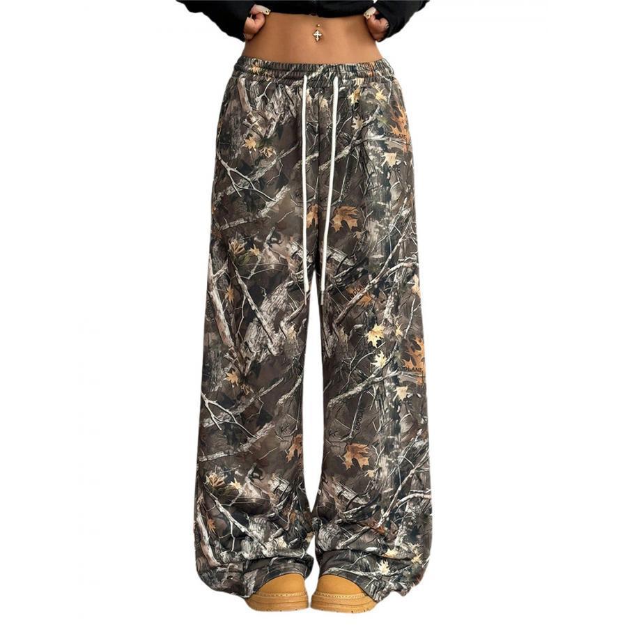 Women's Lightweight Wide Leg Camo Pants - Elastic Waist, Loose Fit, All-Season Polyester Camouflage Print Trousers with Drawstrings, Brown/Black/Green Camo Design