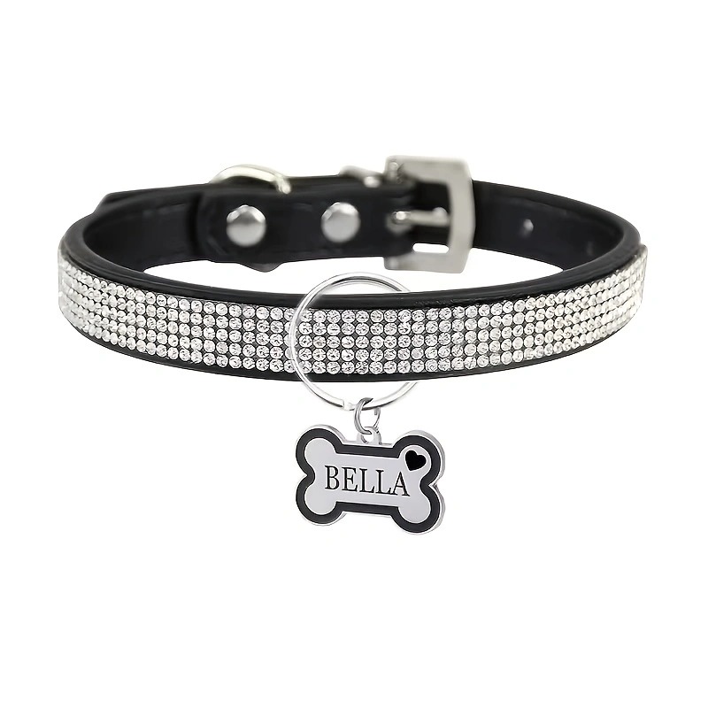 Customized Rhinestone Dog and Cat Collars with Name ID Tags