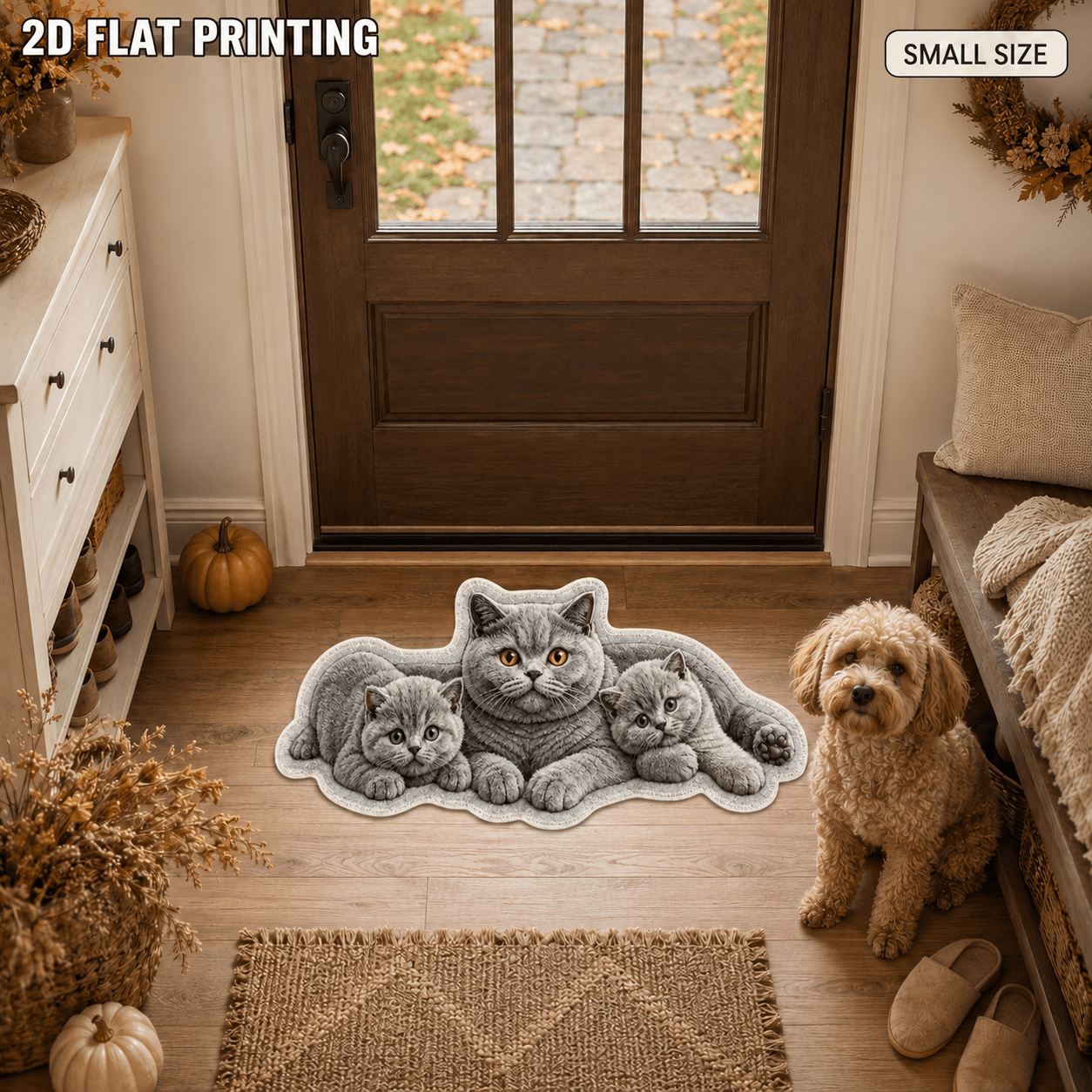 TEMU Tapis 2D Plat, Tapis Imprimé 2D Plat 1pc 850GSM 7Mm d'Épaisseur en Velours British Shorthair Chat et Chatons, Antidérapant, Lavable en Machine,
