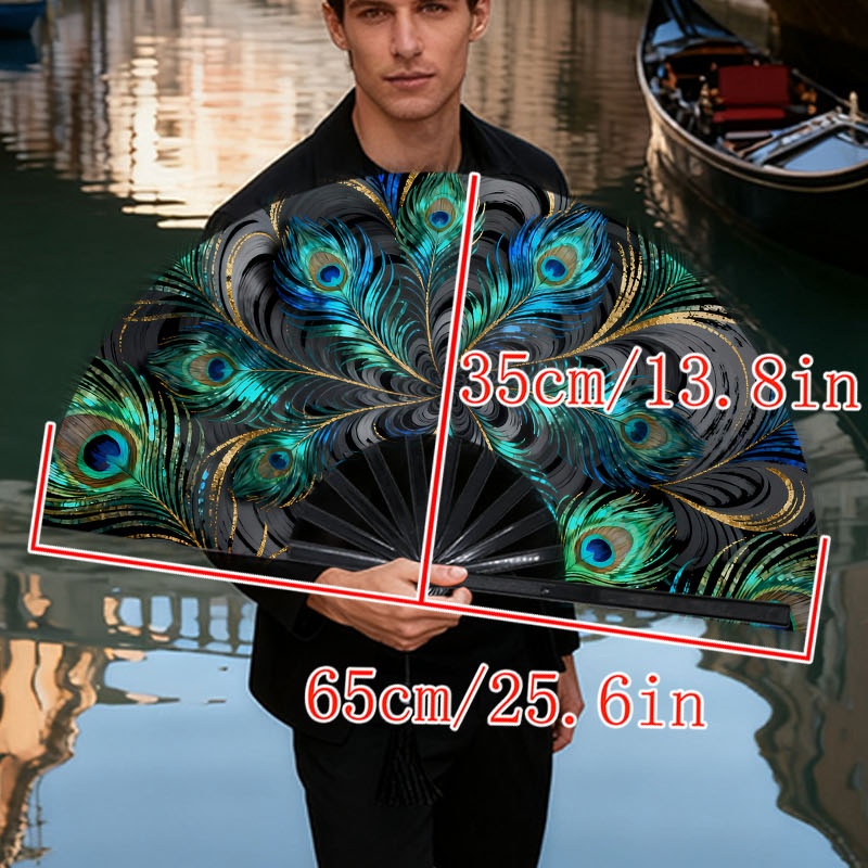 E-shop Handventilator für Herren, ., Pfauenfeder-Design, Polyestermaterial, lebendig und luxuriös, für Karneval/Mardi Gras, ideales Geschenk für und