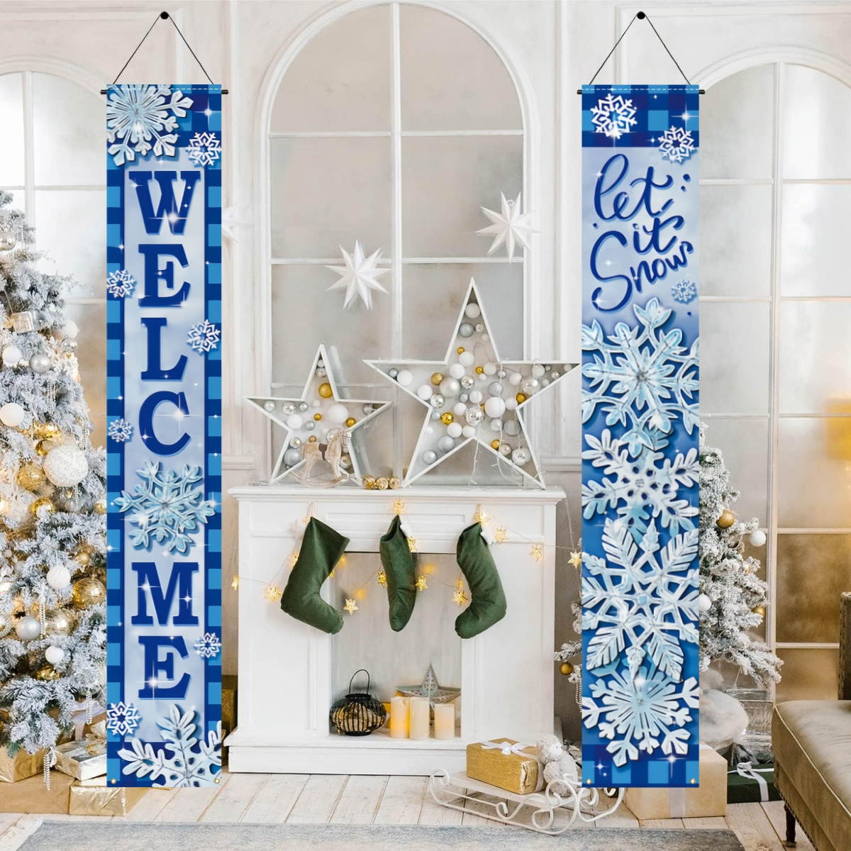 

Blue Snowflake Porch Banners - 1 Pair, Farmhouse Decor, Polyester Outdoor Christmas Front Door Hanging Flags, 12x70.8 Inches