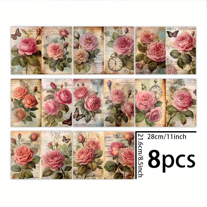 TEMU 1 Set van 8 Vellen (11*8,5 Inch) Roze-paarse Vlinder Bloemen Roos Achtergrond Materiaal voor Journaling, Junk Journaling, Wenskaarten, Planner