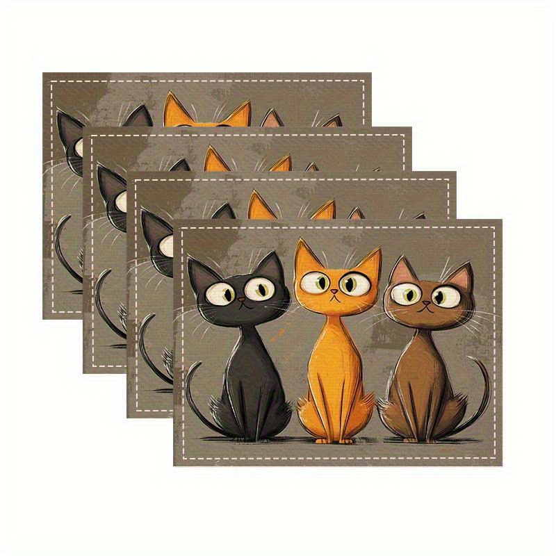 4pcs Cat Pattern 12x18-inch Single-sided Printing Fabric Table Mat Set For Dining And Home Use, Suitable For Table Decoration And Party Decoration