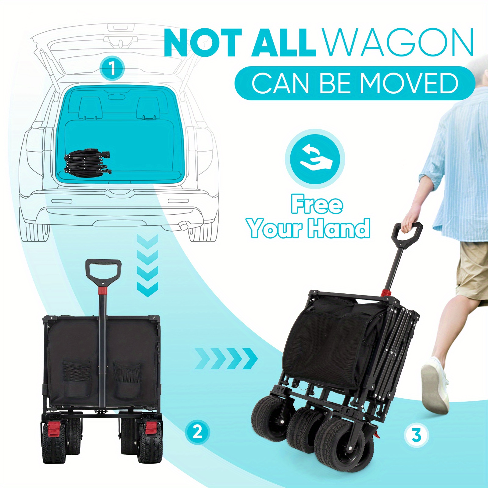 Collapsible folding garden cart with extended tailgate, 500L large capacity, heavy-duty steel frame, supports up to 440 lbs. Equipped with oversized all-terrain wheels for smooth movement on sand, grass, and gravel. Ideal for shopping, camping, garde