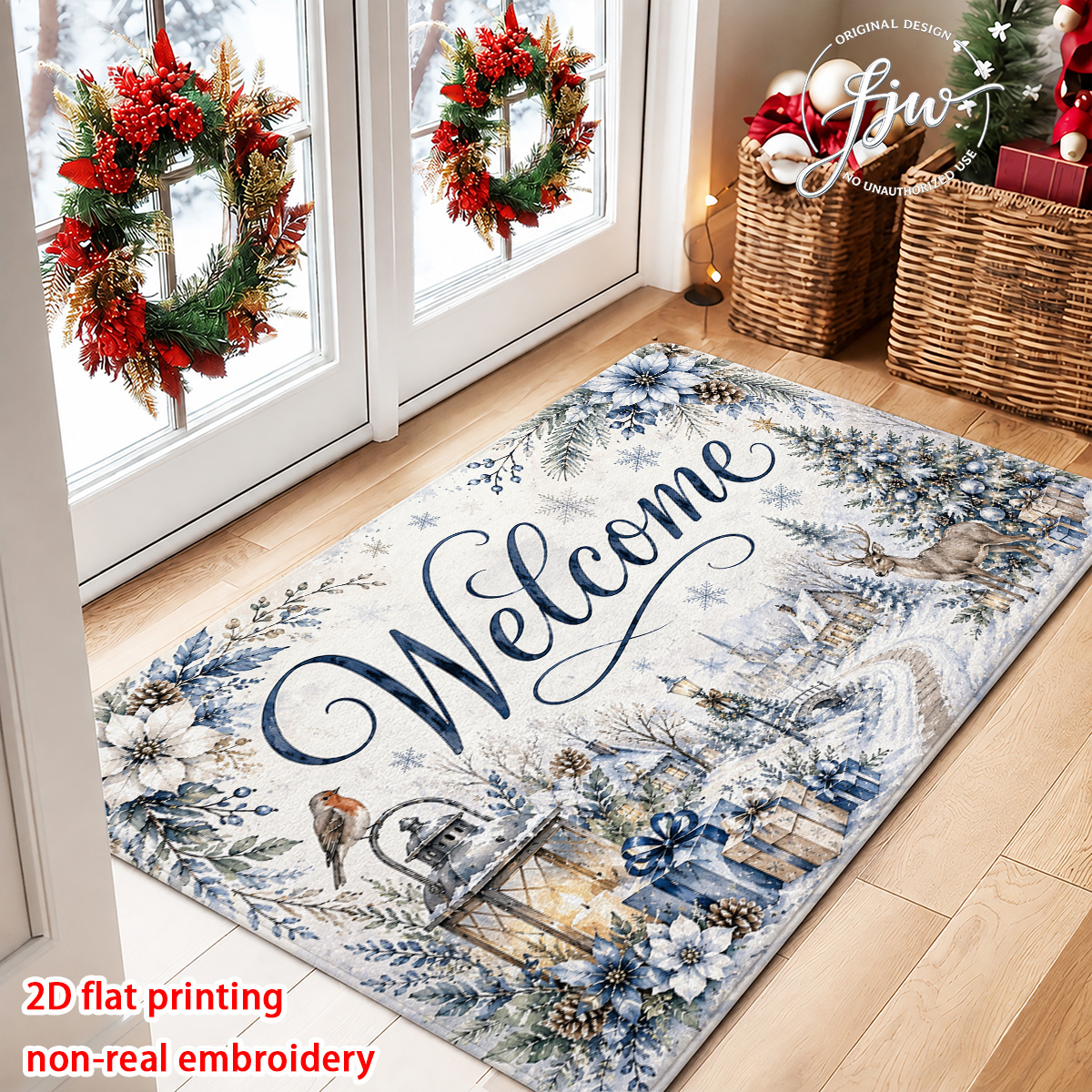 TEMU 2d Flat 1pc Vintage Blue Christmas Welcome Doormat, Flannel Floor Mats, Soft Non-slip Door Mat, Decorative Entryway Rug For Front Door, Kitchen,