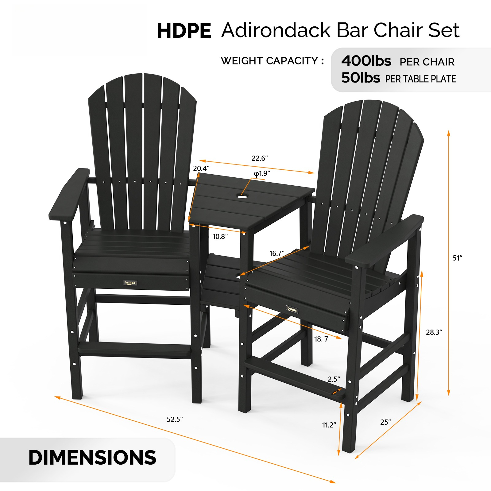 2pcs High-legged Adirondack Chair Set, All-weather High-density Polyethylene (HDPE) Bar Stool, Outdoor Chair with Double Tray and Parasol Opening, Suitable for Balconies, Poolside, Backyards, and Patios.