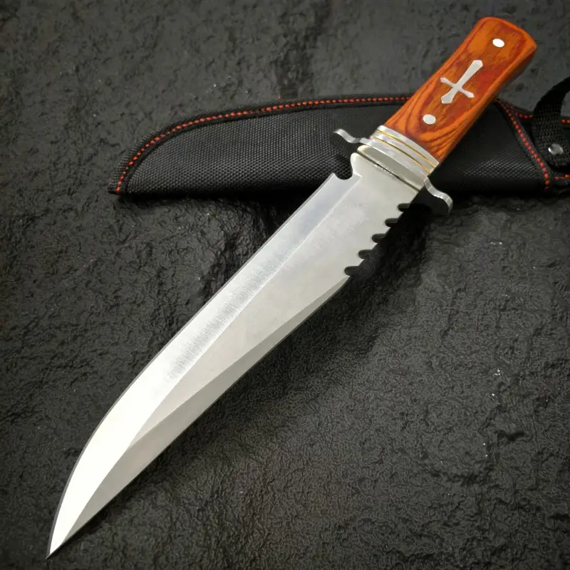 inch outdoor straight knife with a 7 4 inch blade length serrated design wooden handle with metal decoration with a black knife sheath a practical tool for the outdoors and a mens knife Product details 3