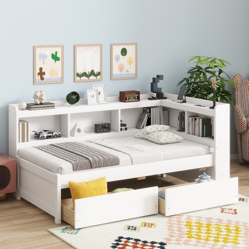 Twin Size L-Shaped Bookcase Bed with Bookshelf Headboard & Two Drawers - Space-Saving Storage Bed Frame, Modern Suitable for Small Rooms, Dorms, Apartments, No Assembly Required (No Wood)