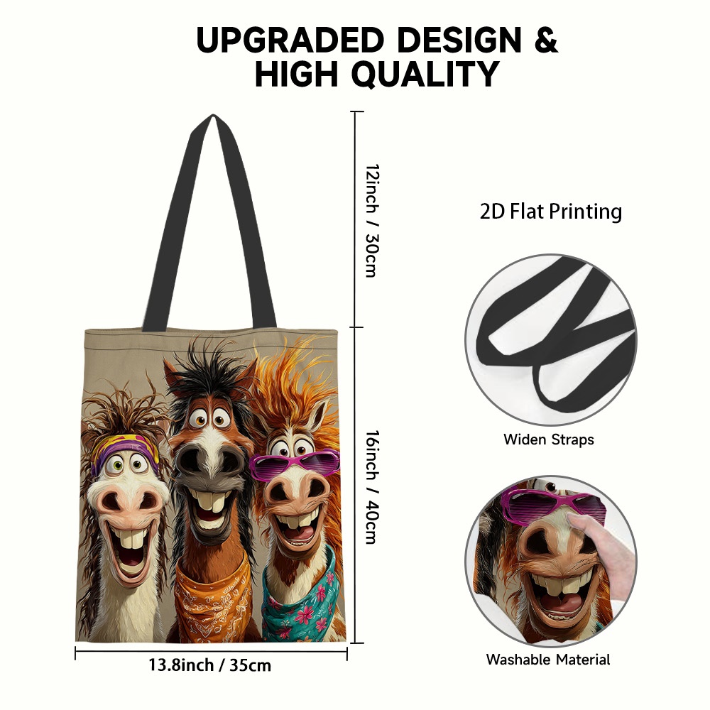 TEMU 1pc Smiling Horse Tote Bag Suitable For -fitr/ -/ramadan Gifts, Foldable Reusable Grocery Bag Print, Carrier For, Picnic, Shopping - Gift For,,