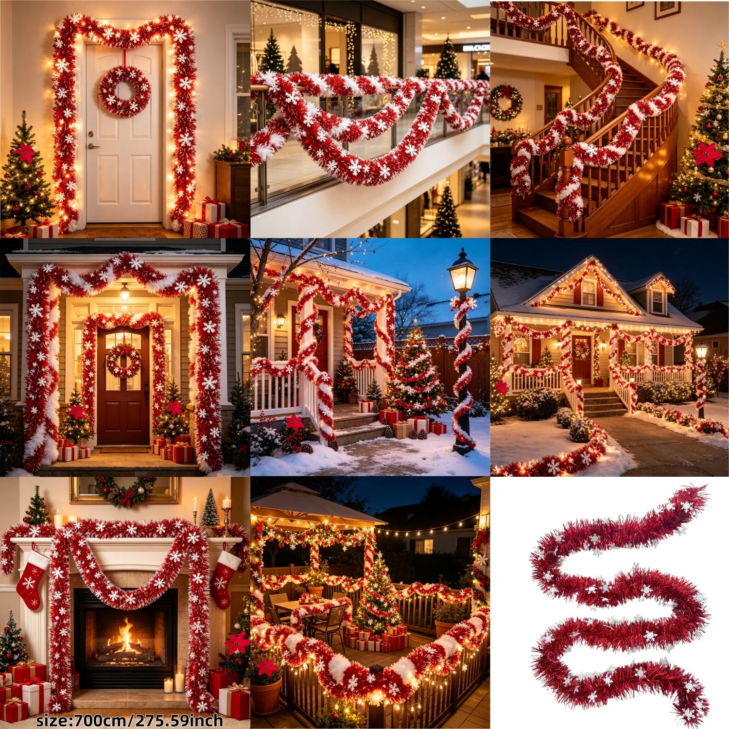 TEMU Décoration de sapin de Noël artificiel d'extérieur extra-long de 7 mètres avec , bordure à pompons de de neige blanc et touches de feuille