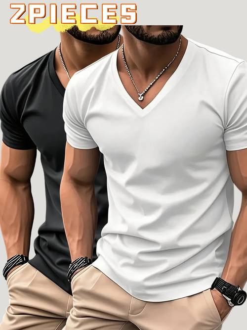 herren-v-ausschnitt-t-shirt aus 100 % baumwolle, 2er-set, 180 g, einfarbiges kurzarm-top, sommer-ganzjahres-basisschicht, fabrikgefertigt, bequeme, hochwertige, eng anliegende freizeit-sportbekleidung für herren