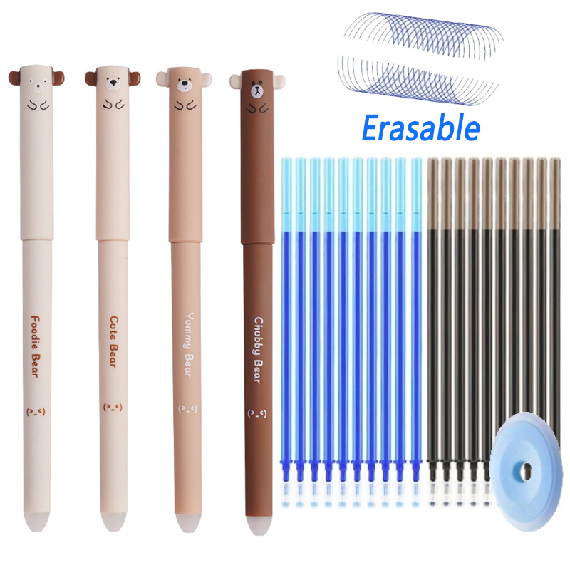 

15pcs/set Creative Animals Bear Erasable Gel Pens Set 0.5mm Blue/ Washable Handle Magic Refills Rod Office Writing Stationery Supplies(4pens+10refills+1eraser)