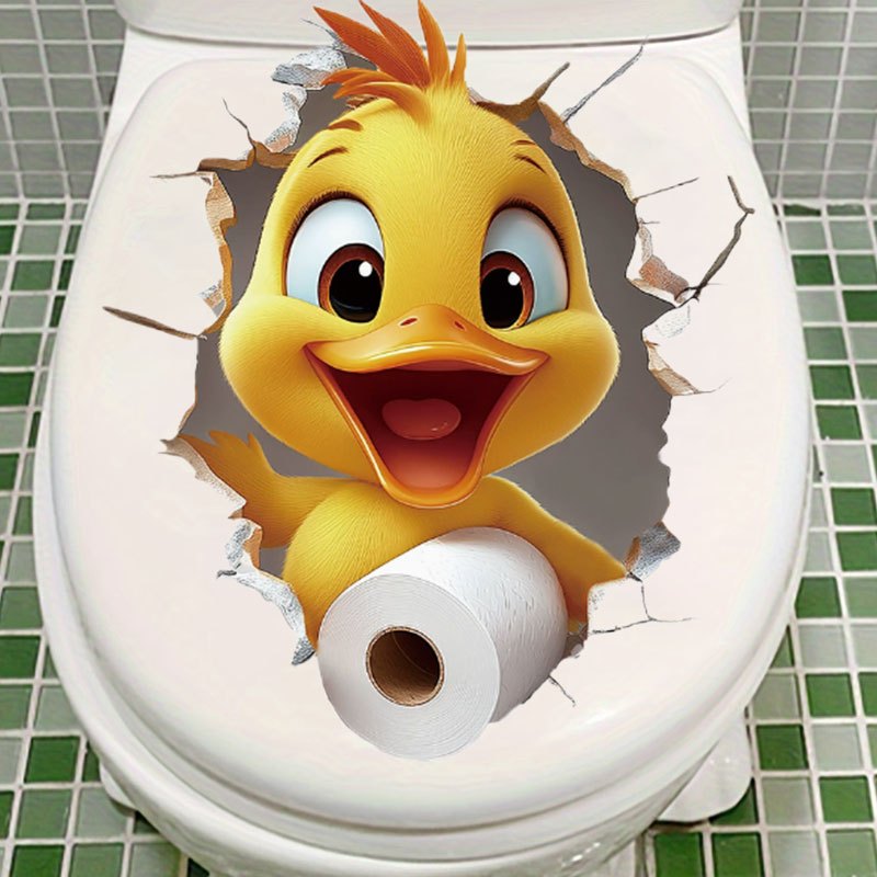 Image of 1pc Creative Ripped Duck Tissue Toilet Sticker - Self-adhesive Bathroom Sticker, Diy Decorative Sticker, Bathroom Decor Sticker, Removable Sticker, Toilet Lid Sticker