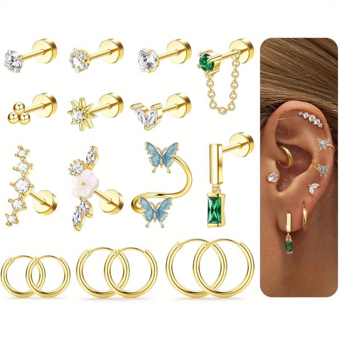 Image of 2d Flat, 17pcs Helix Piercing Jewellery Surgical Steel Hypoallergenic Cartilage Earings Stud Sleeper Flat Back Earring Hoop Earrings Conch Daith Tragus Piercing Jewellery