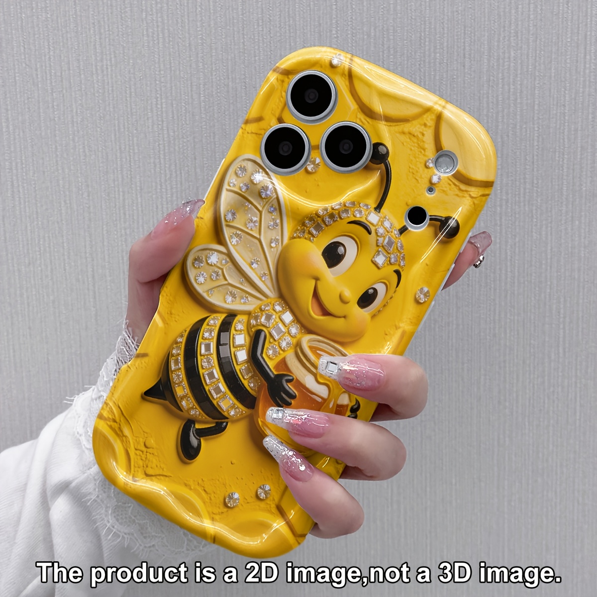 TEMU Phone Case: 2d Flat Simulated Diamond-encrusted Cute Holding A Honey Jar Phone Case, Suitable For Iphone 17/16/15/14/13/12 Pro Max/11 Series
