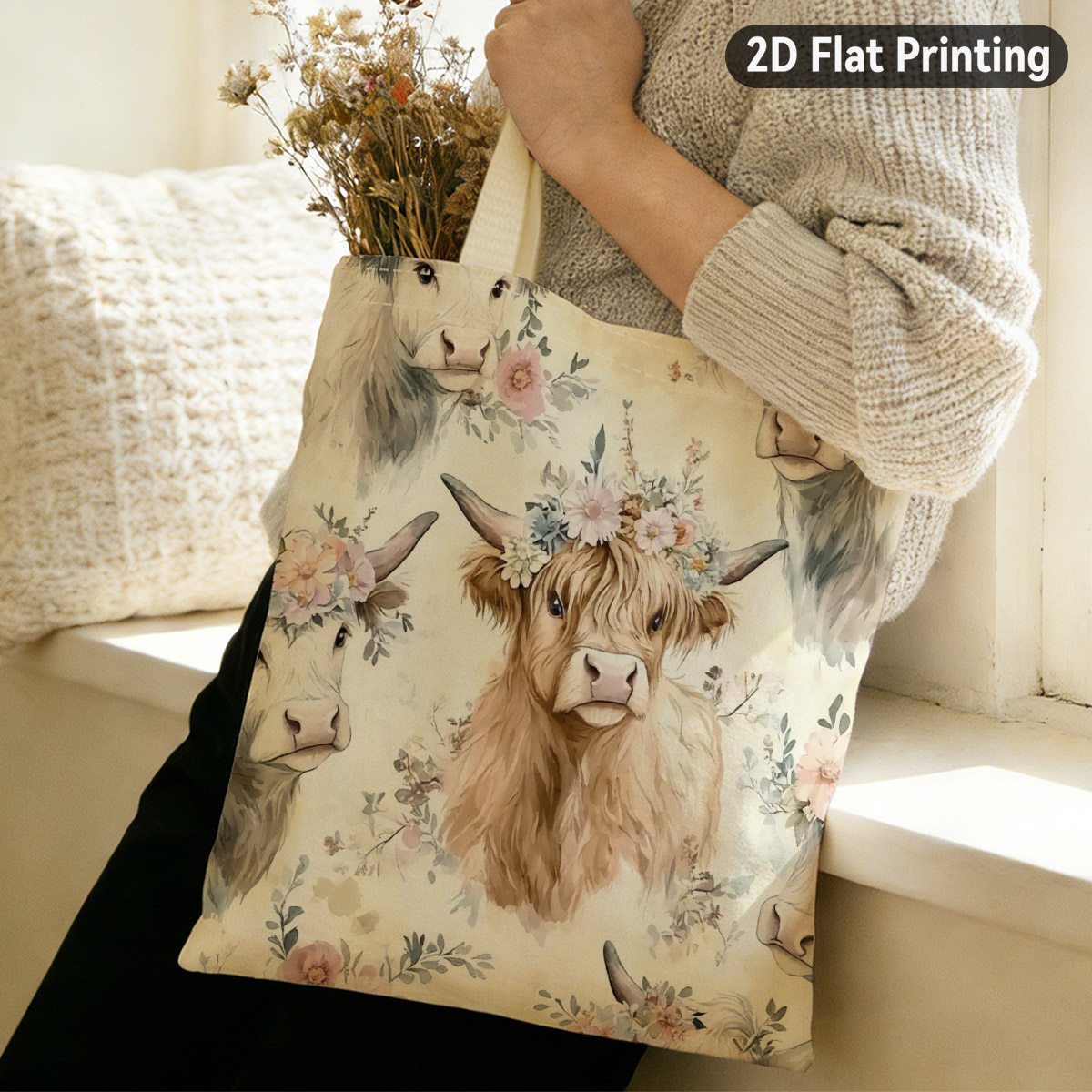 TEMU 2d Flat 1pc Watercolor Highland Cows With Floral Crowns Durable Tote Bag, Duplex Prints Adorable Cows And Pastel Flowers, Ideal For Grocery