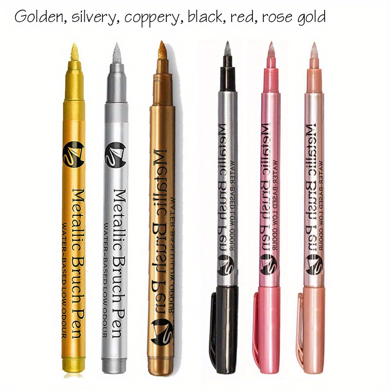 6pcs Set Of Golden, Silvery, Red, Black, Copper & Rose Golden Permanent Marker Pens – Metallic Colors, Markers For Diy Crafts And Office Supplies