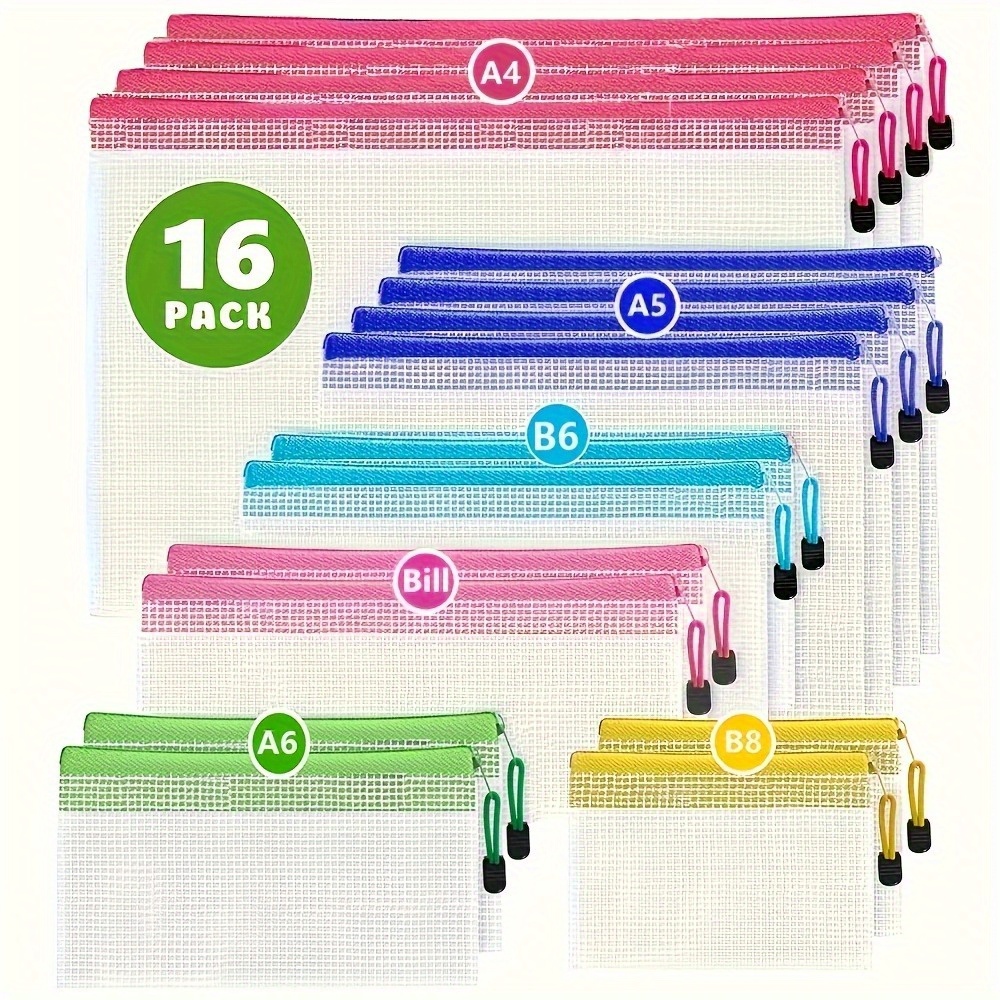 Image of 16pcs Pvc Zippered Document Bags – 6 Sizes With Assorted Colors, Mesh Organizer Pouches For School, Travel, Home, And Cosmetic Storage