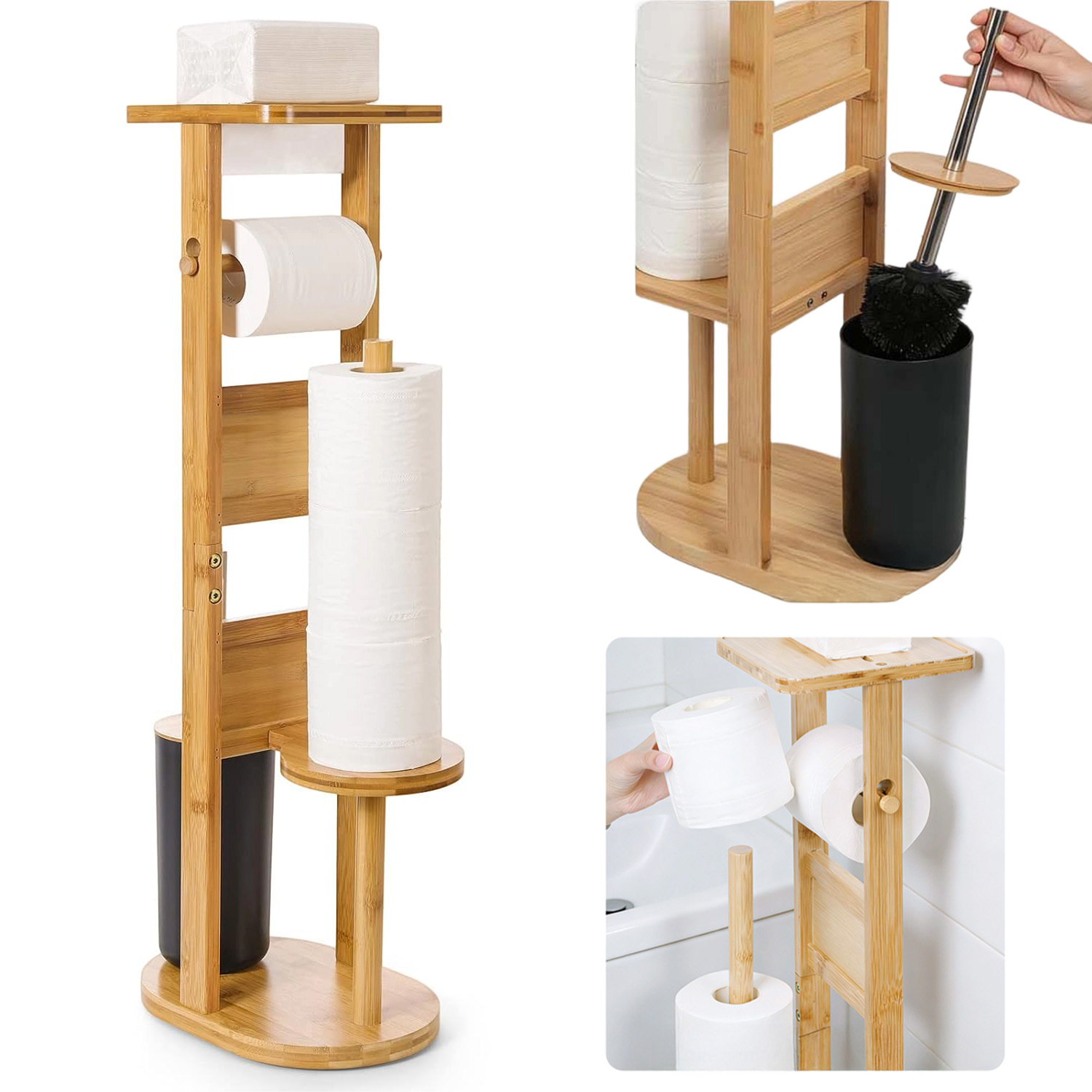 Image of Freestanding Bamboo Toilet Paper Holder, Integrated Toilet Brush And Storage Shelf, Space Bathroom Furniture Set For Home Washroom Decoration