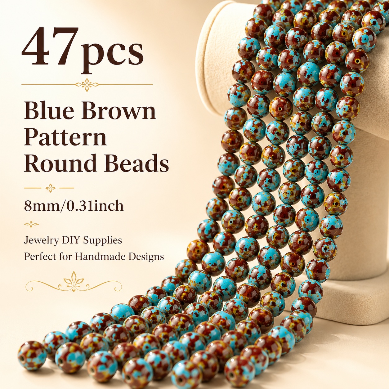 TEMU 47pz Perline Sciolte con Foro in Pietra di Blu-Marrone, Perle Decorative da 8Mm, Adatte per Braccialetti Collane, Decorazioni per Orecchini,