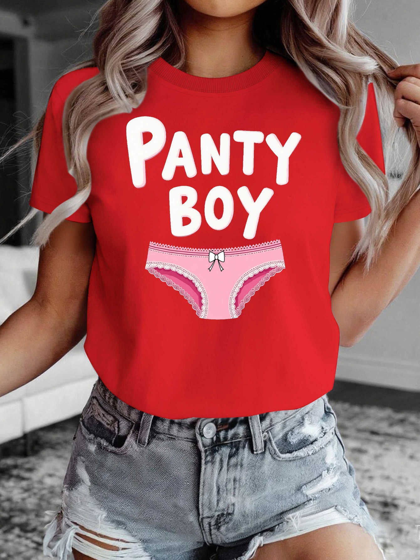 women s funny panty underwear graphic t-shirt -   fit short sleeve casual top with panty &   - white with black lettering & pink underwear print -   casual attire for themed parties & lingerie events - geometric pattern   design relaxed fit machine washable 0