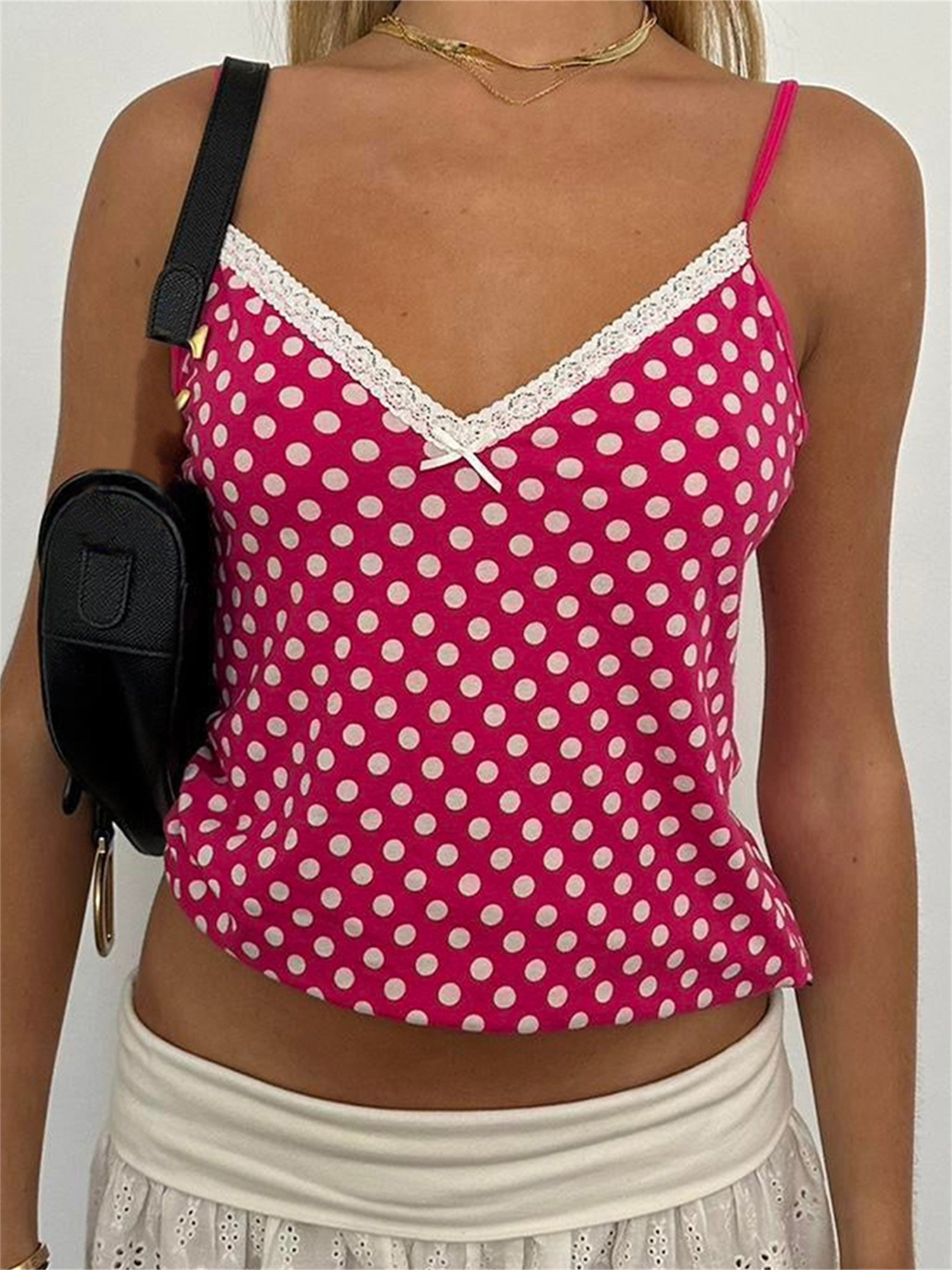 womens y2k polka dot cami tank top vibrant pink white lace - Temu