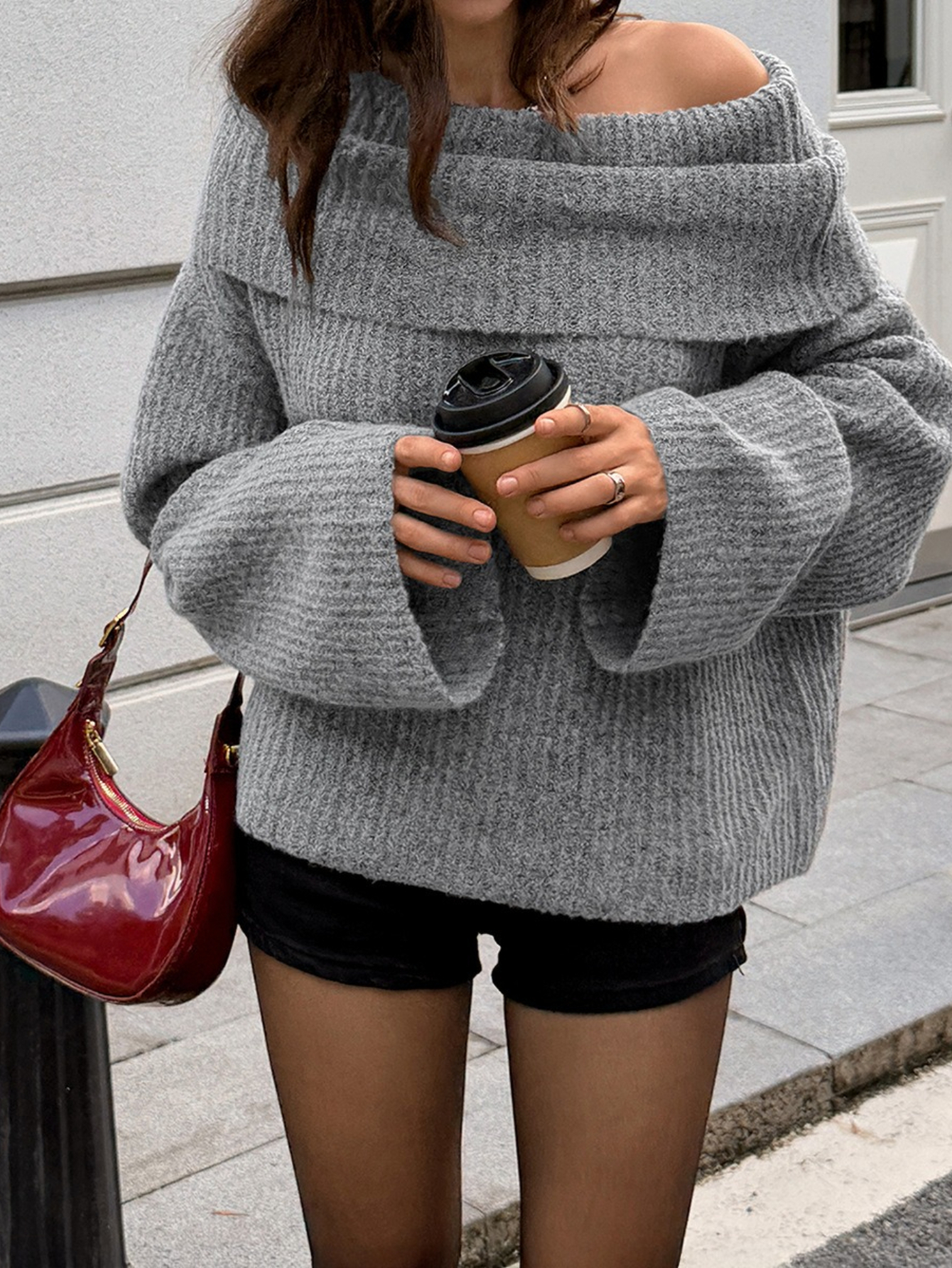 womens fold   shoulder chunky rib sweater oversized flare sleeve loose cropped top   grey cold shoulder pullover wide bell sleeve drop shoulder casual jumper