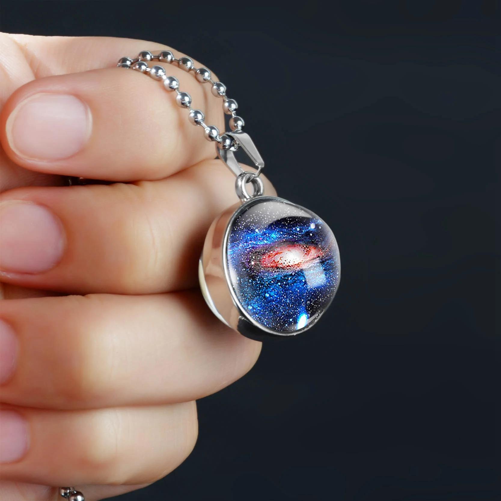 Double-Sided Galaxy Star Cabochon Glass Pendant Necklace