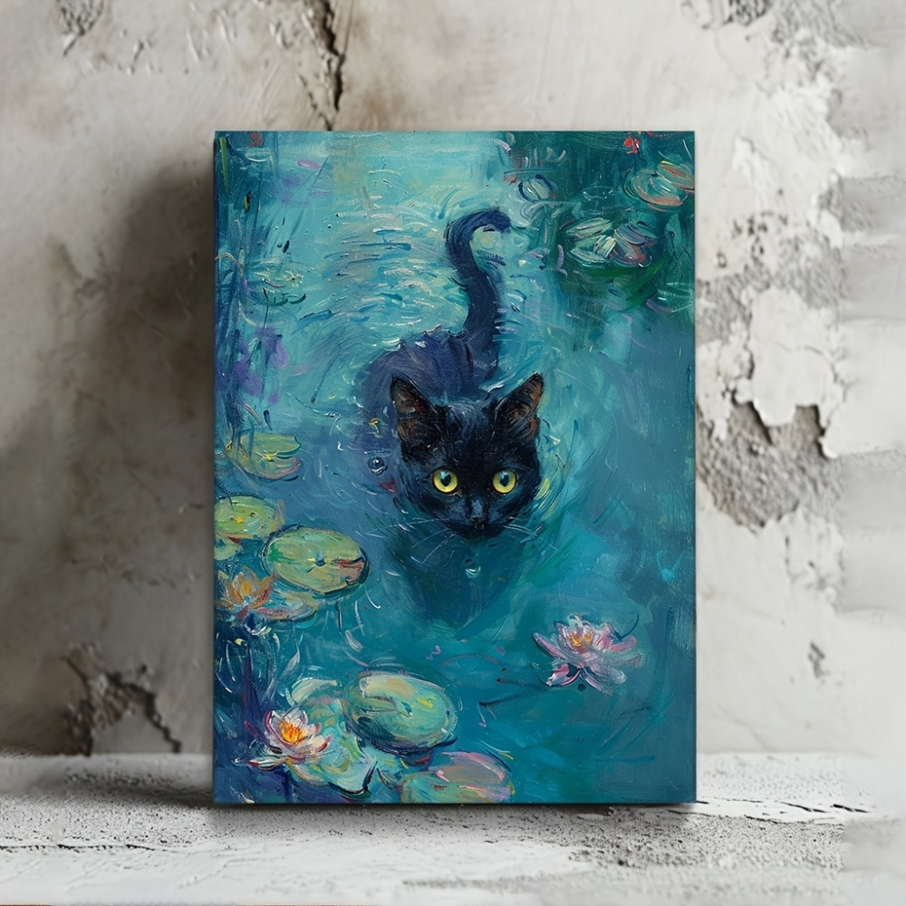 TEMU 2d Flat, Pond Black Cat Canvas Art - Frameless Wall Decor, 12"x16" | Whimsical Waterlilies & Design | Perfect For Living Room, Bedroom, Office,