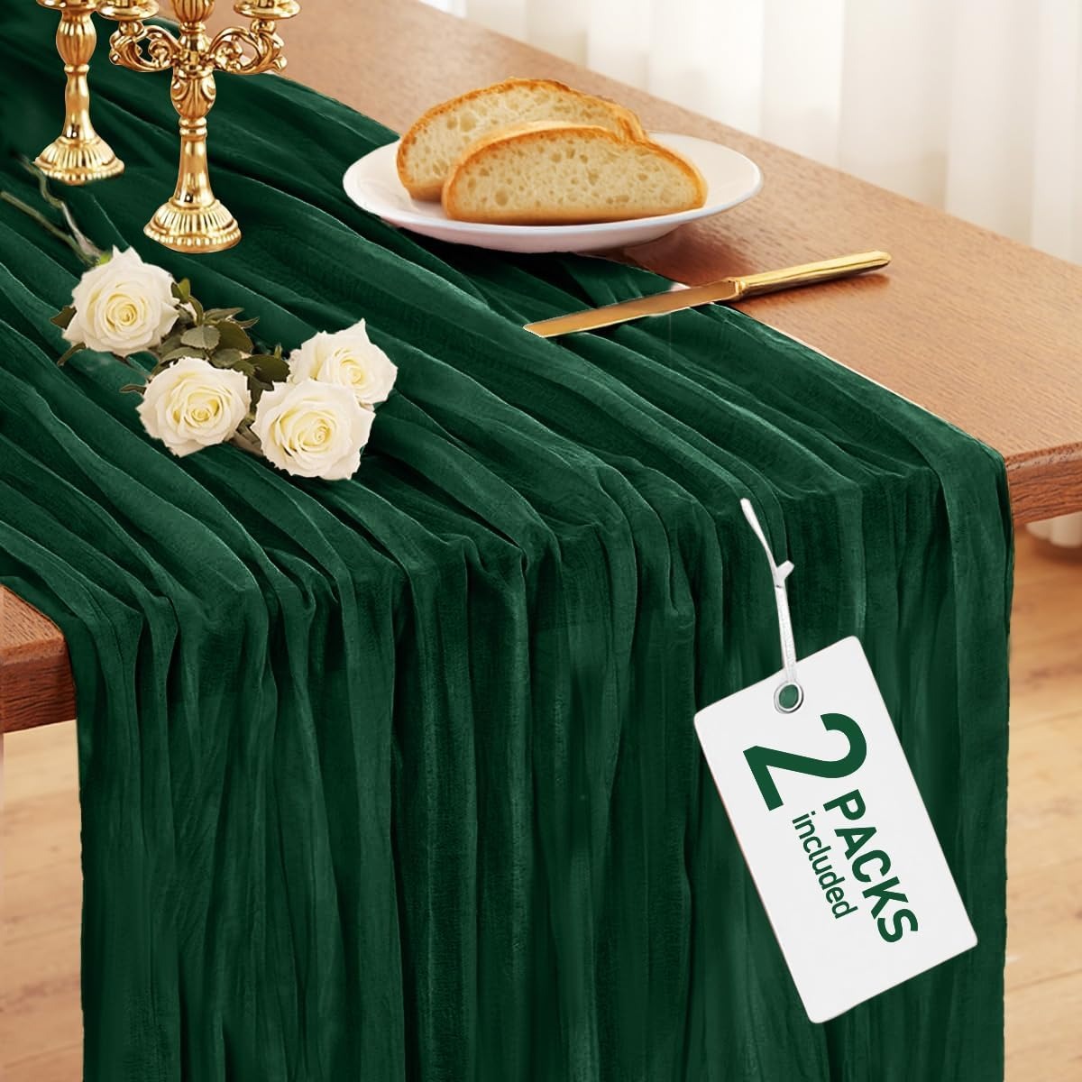 Image of 2-pack Cheesecloth Table Runners, 120'' Boho Tablecloth Decorations For Party, Baby Shower, Wedding And Farmhouse, Fabric Room Decor, Emerald Green