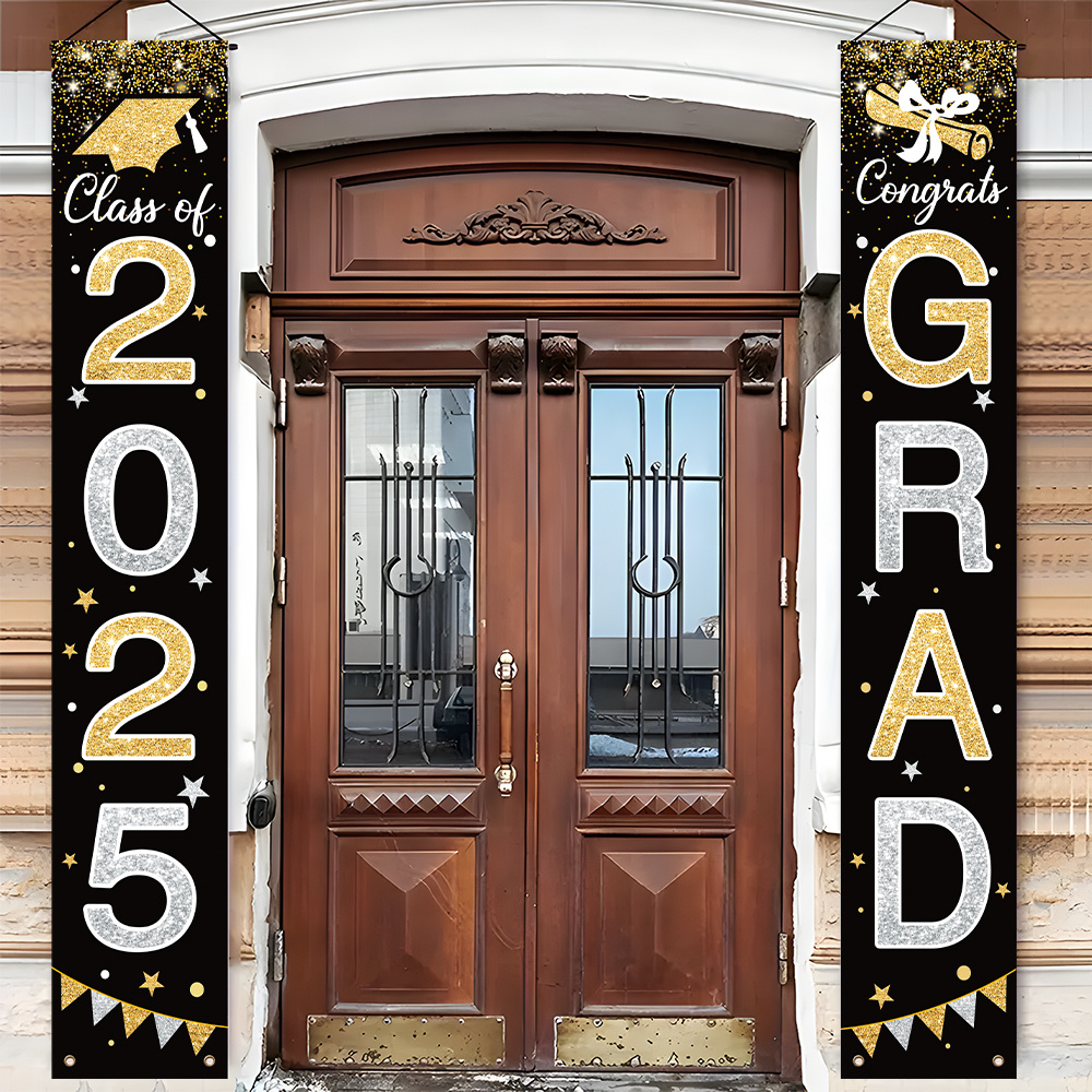 

1 Pair, Grad Porch Banners - Black & Golden Glittery Design With Cap & Motif, Polyester, Ideal For High School & College Graduation Ceremonies, Use For Classroom, Yard, Garage & Home Wall Decor