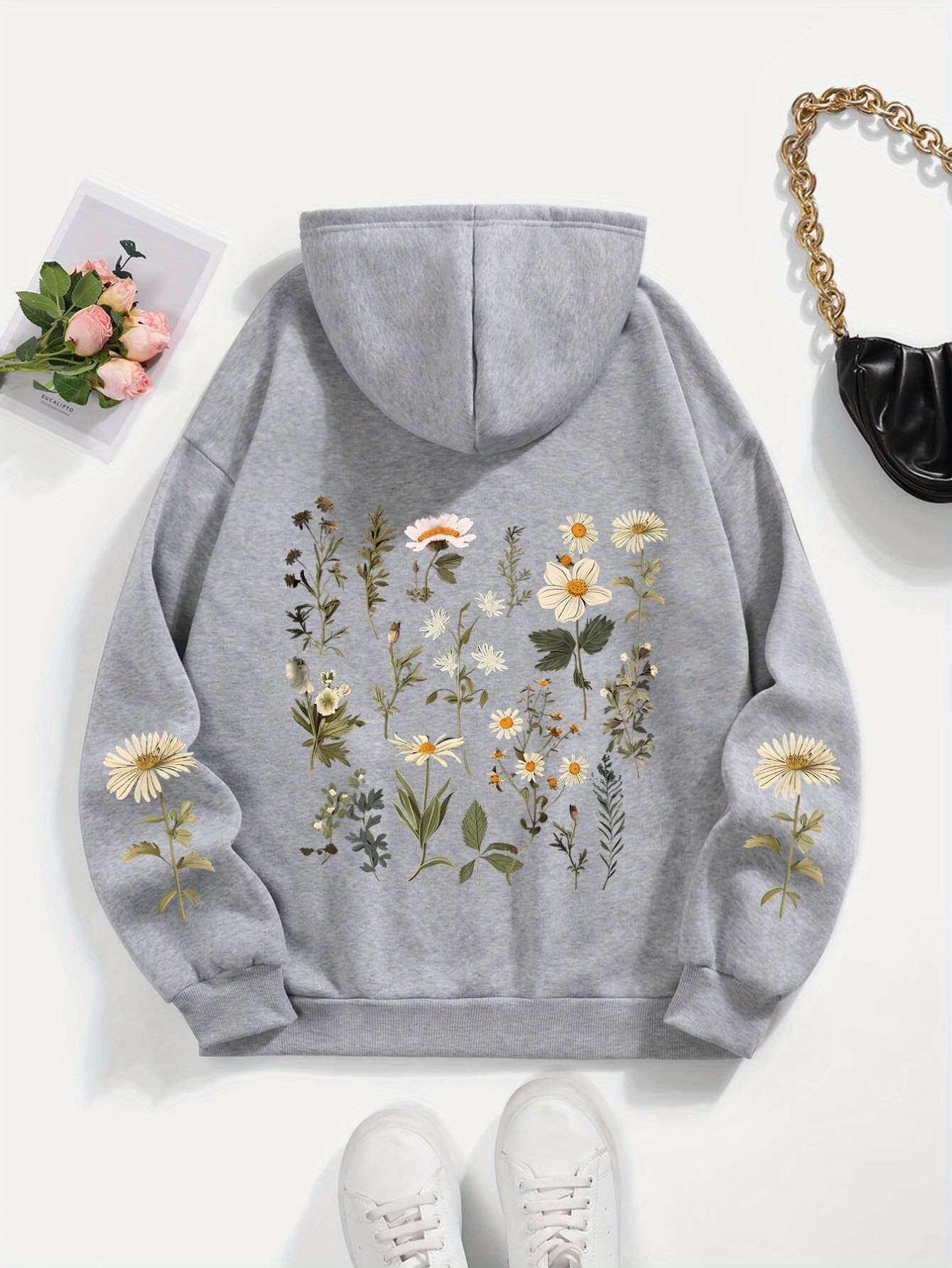 damen hoodie blumenmuster kordelzug lässiger weißer Temu Austria