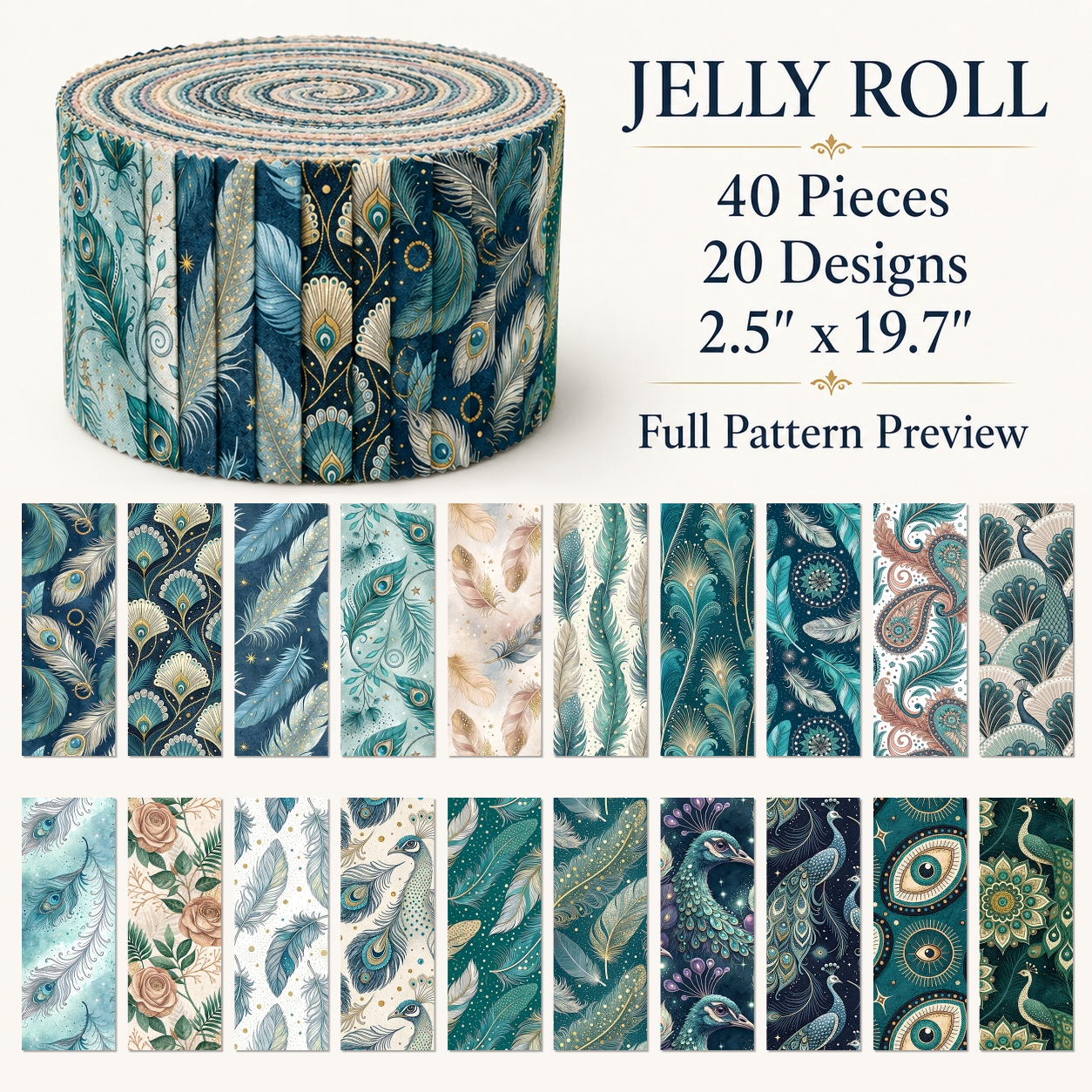 TEMU Highly Recommended Collection! 40pcs Jelly Roll Fabric 2.5"×19.7" (6.35cm×50cm) 100% Polyester Fiber, Dark Green With Feather/starry Sky/floral