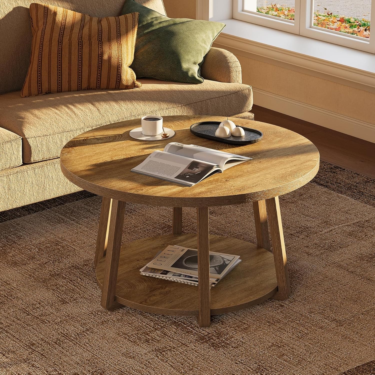 2-tier Round Coffee Table With Storage And Wooden Legs - 80cm X 50cm Center Table With Easy Assembly For Living Room Bedroom, Christmas Holiday Decor