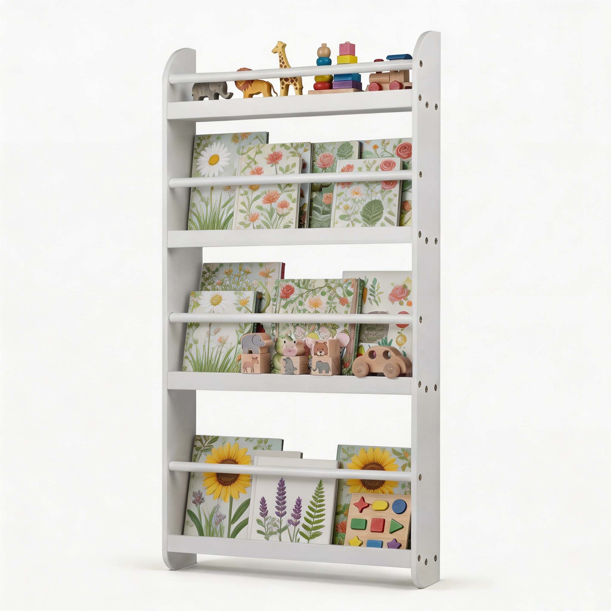 Image of Kids Bookshelf, 4-tier Wall Mounted Bookshelf For & Books, Space- Behind The Door Book Storage Cabinet, Hanging Bookcase For Kids' Room