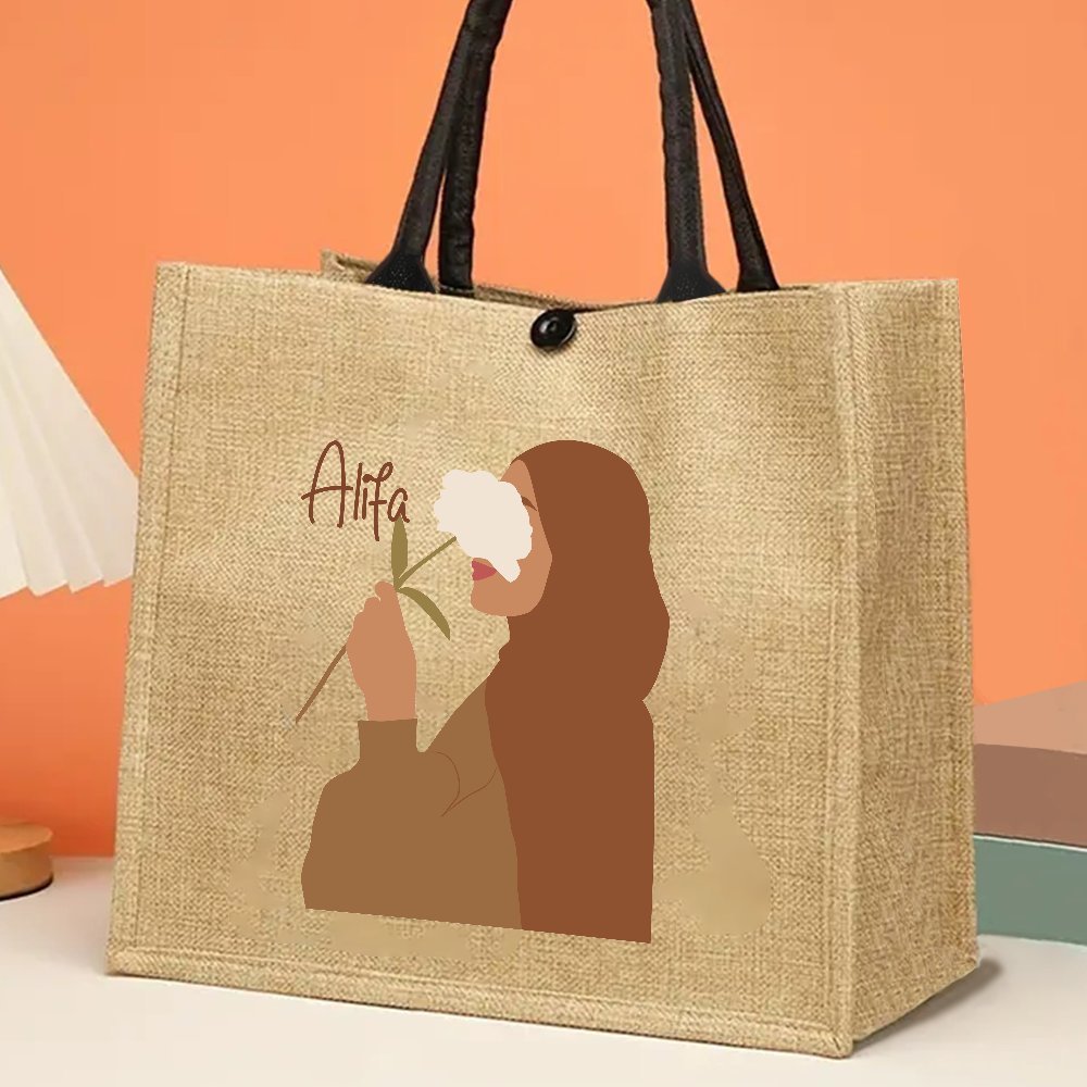 

Sac fourre-tout en jute personnalisable pour femmes - Sac fourre-tout en tissu avec fermeture à boucle - Cadeau musulman personnalisé pour l'Aïd, le Ramadan - Sac fourre-tout pour femmes