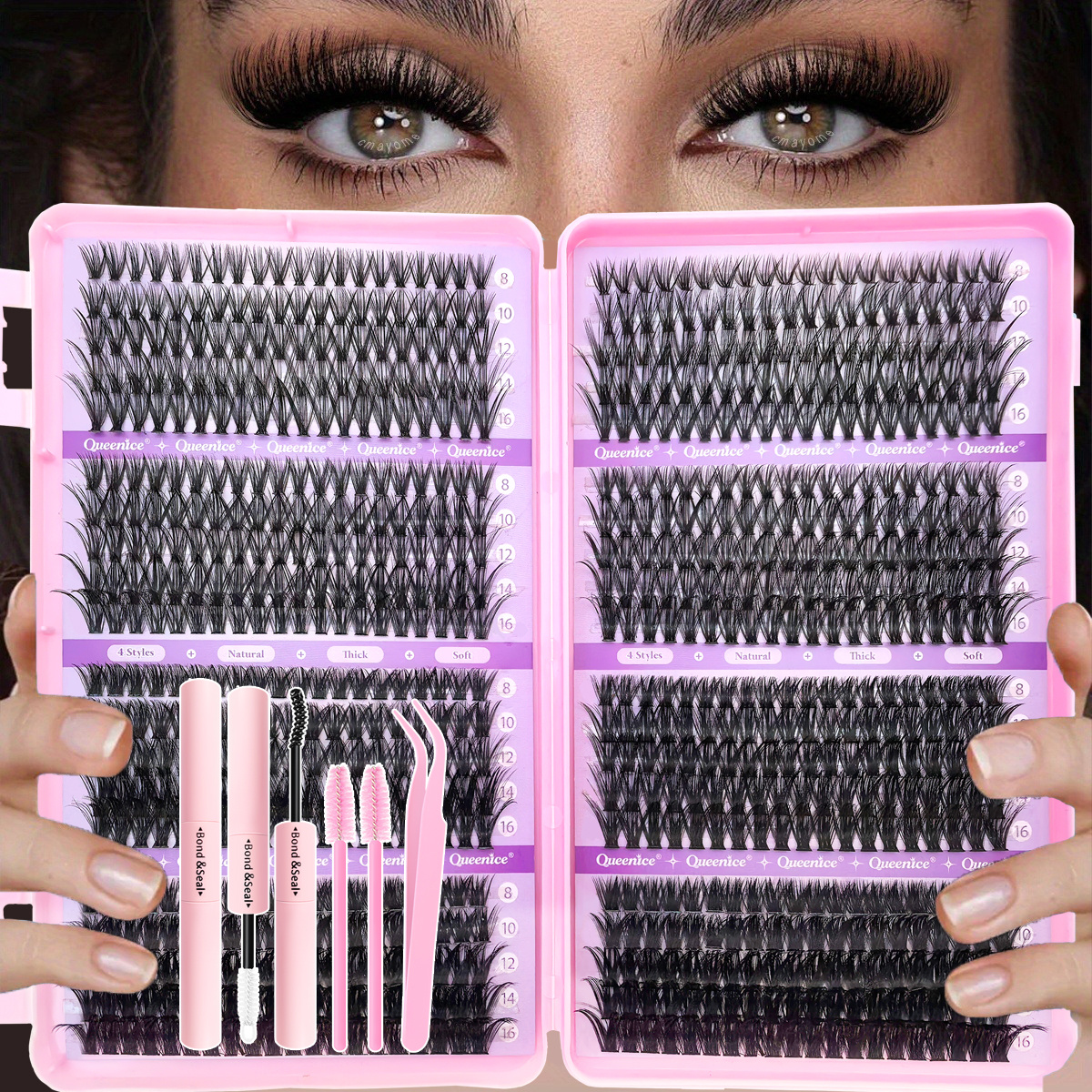 640-800 бр. Комплект за мигли - 8-16 мм Премиум удължаване на мигли 10D-150D, Смели и обемни изкуствени мигли, Индивидуални клъстерни мигли с лепило, пинсети и четка, За Коледа, Нова година, Зимни партита и ежедневна употреба, Меки и леки, Подходящи за начинаещи и любители на красотата