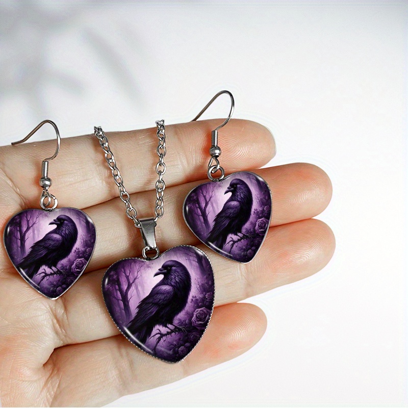 TEMU Parure de bijoux 3 pièces en acier inoxydable : collier et boucles d'oreilles pendantes avec cabochon en verre de cœur, motif et forêt gothiques