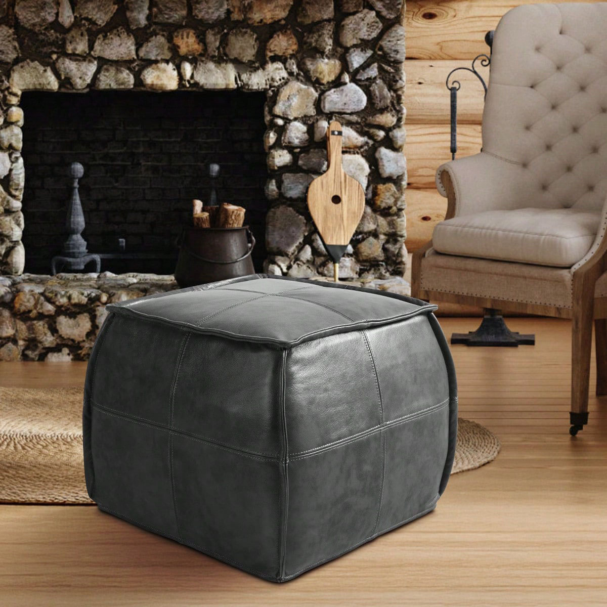 Leather Ottoman, Handmade Stuffed Square Ottoman, Genuine Leather Pouf, Foot Rest Pouf, Comfortable Soft Seating for Living Room& Bedroom(Brown, Black, Grey, Square)
