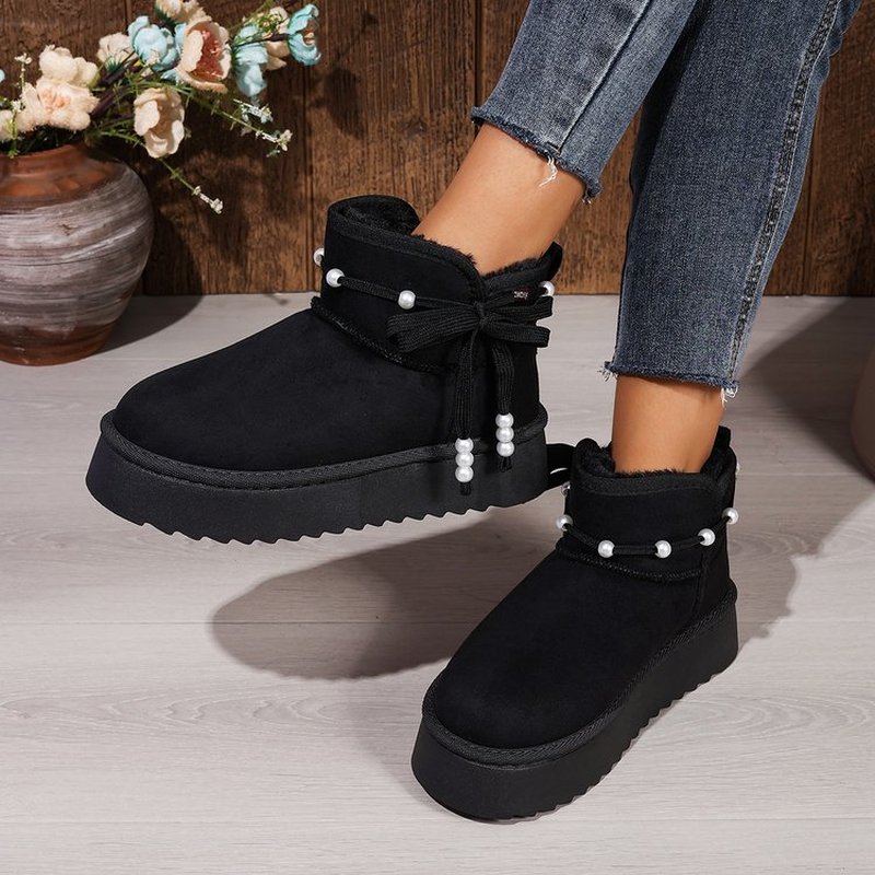 TEMU Women's Ankle Snow Boots, Thick Non Slip Platform Sole Side Bow Tie Decor, Plush Lined Warm Sweet Casual Footwear For Dating Campus Daily