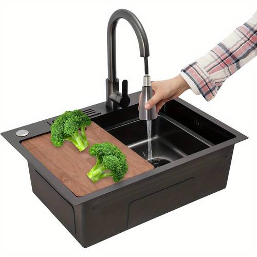 Sink with Faucet, Multifunctional Waterfall with Soap Dispenser, Cutting Board And Tap, Sink for Bars, , Apartments, Kitchens, 23.62 X 17.72 inch