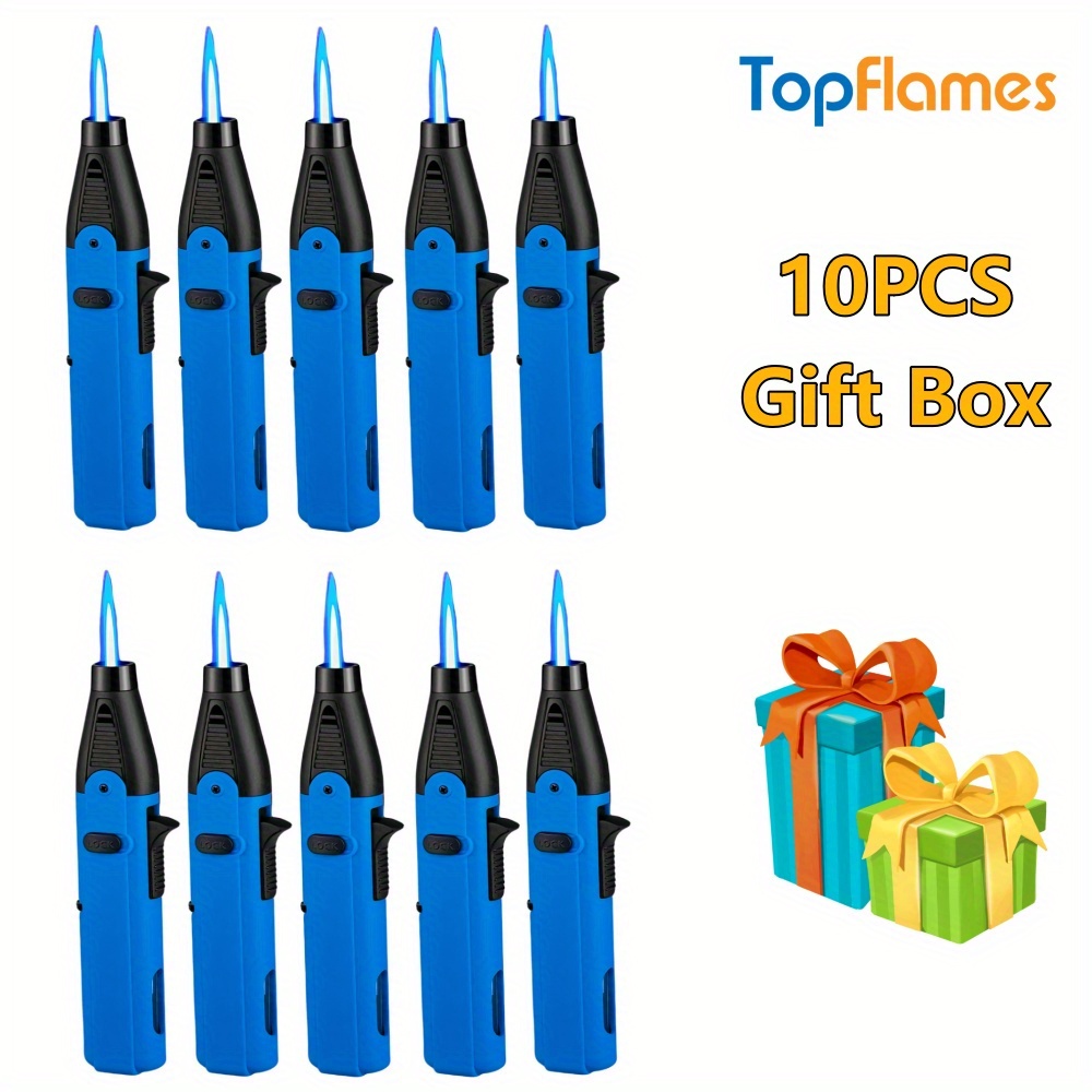 TEMU 10/15pcs Set Of Household Torch Lighters, With Safety Lock, Adjustable Jet Flame , Outdoor Windproof Butane Gas Lighter, Long Igniter, Gift Box