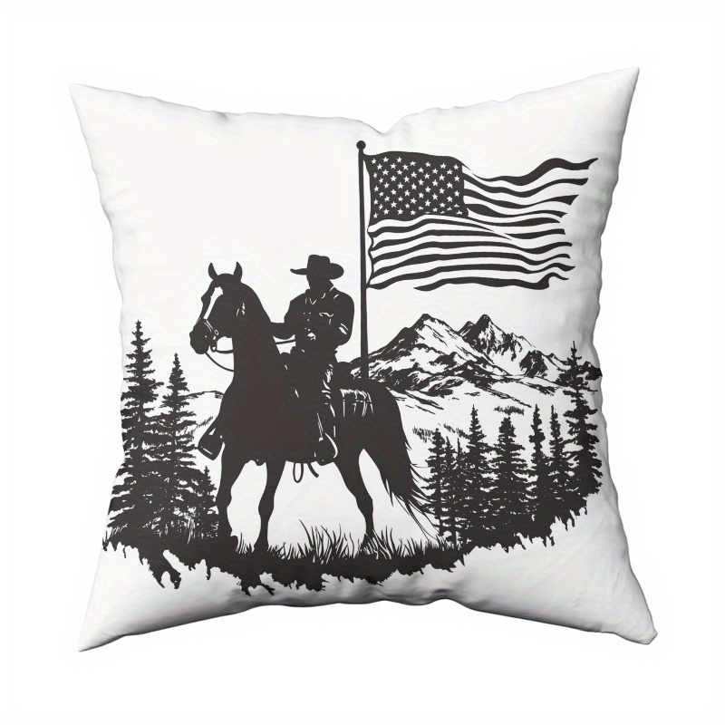 item picture 1pc cowboy on   throw pillow cover 18x18 inch black silhouette with american flag mountain landscape   short plush polyester cushion for living room couch sofa bedroom decor machine washable zip closure living room decor western theme decor zippered pillowcase cowboy decor