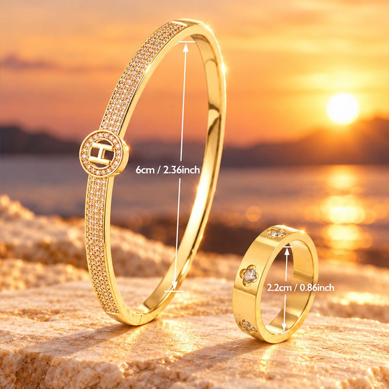 2pc Copper Double-Row Bangle & Stainless Steel Ring Set, Elegant Design