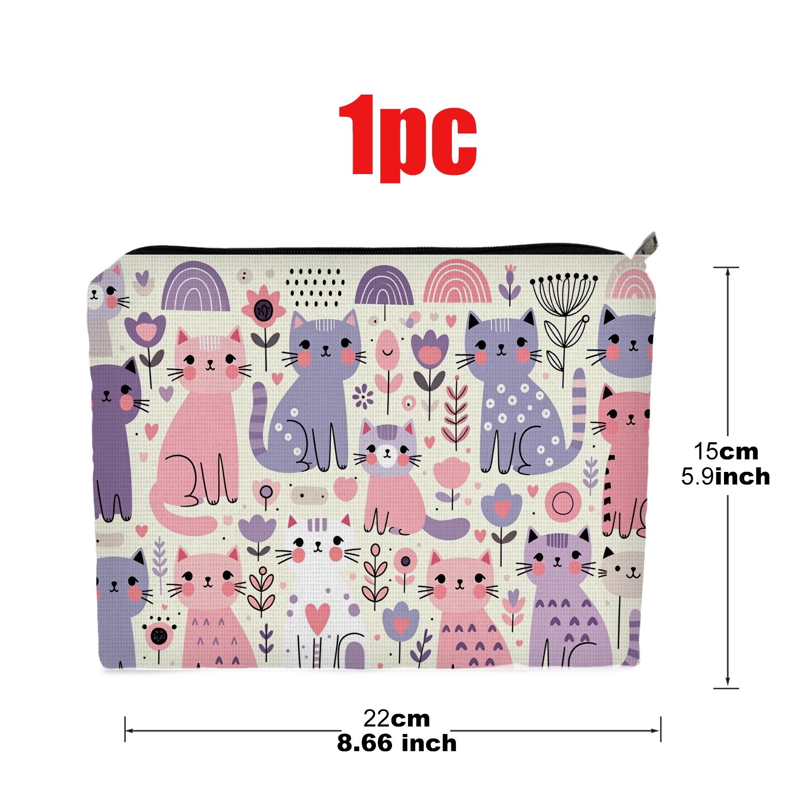 TEMU Pastel Kitten & Floral Print Travel Cosmetic Bag Suitable For &, Cute Cat Makeup Organizer With Portable Toiletry Storage, Lightweight Pastel