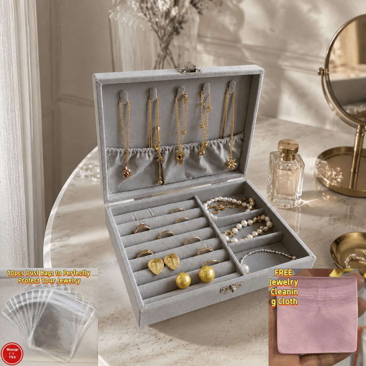 Light Gray Suede Lockable Flip-Top Jewelry Box, Combo Set