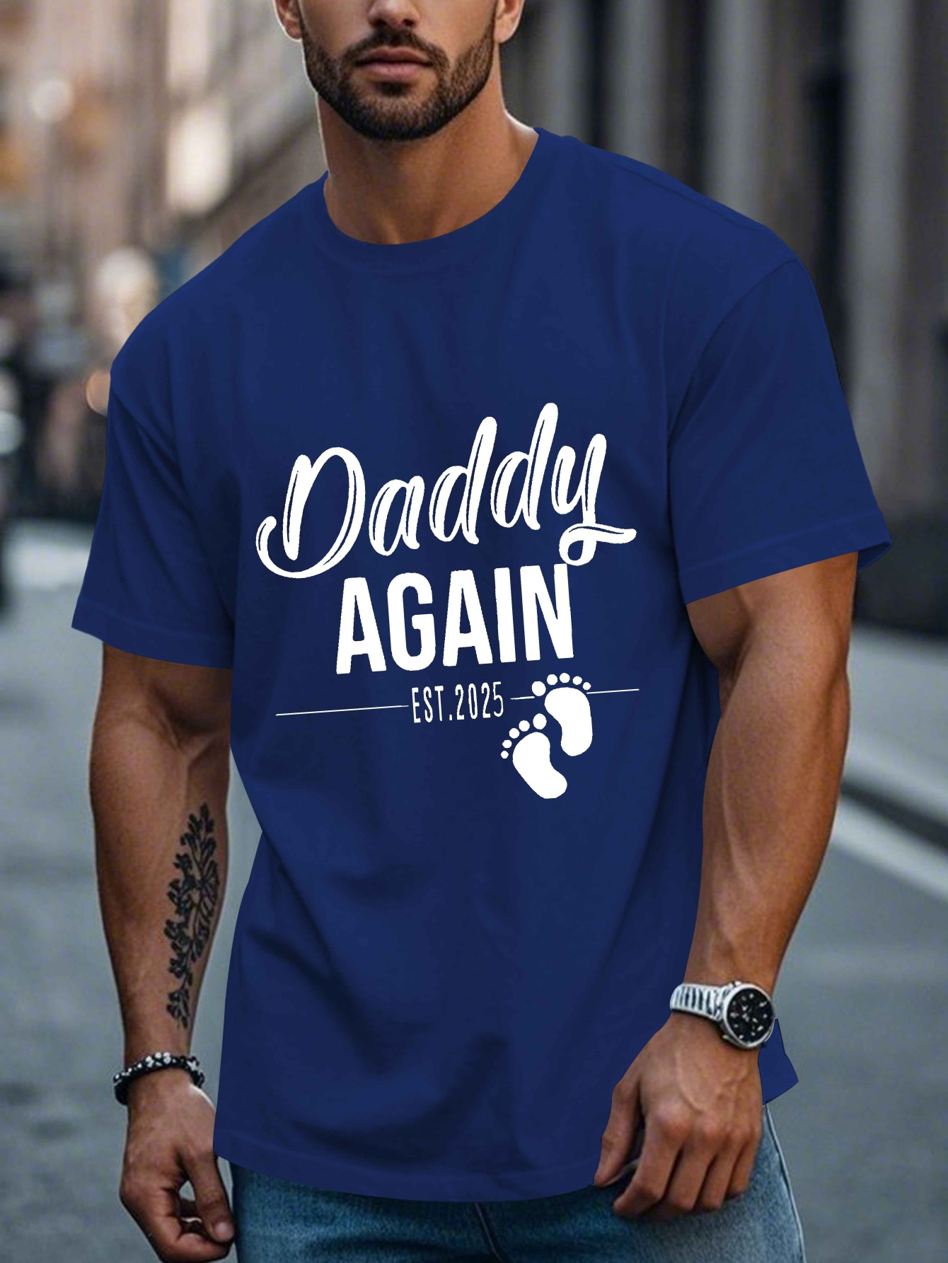 DADDY AGAIN 2025 *'s Short Sleeve T-Shirt Black Casual Summer Tee with  &*;Daddy Again White Text Footprints Design, Breathable  Round
