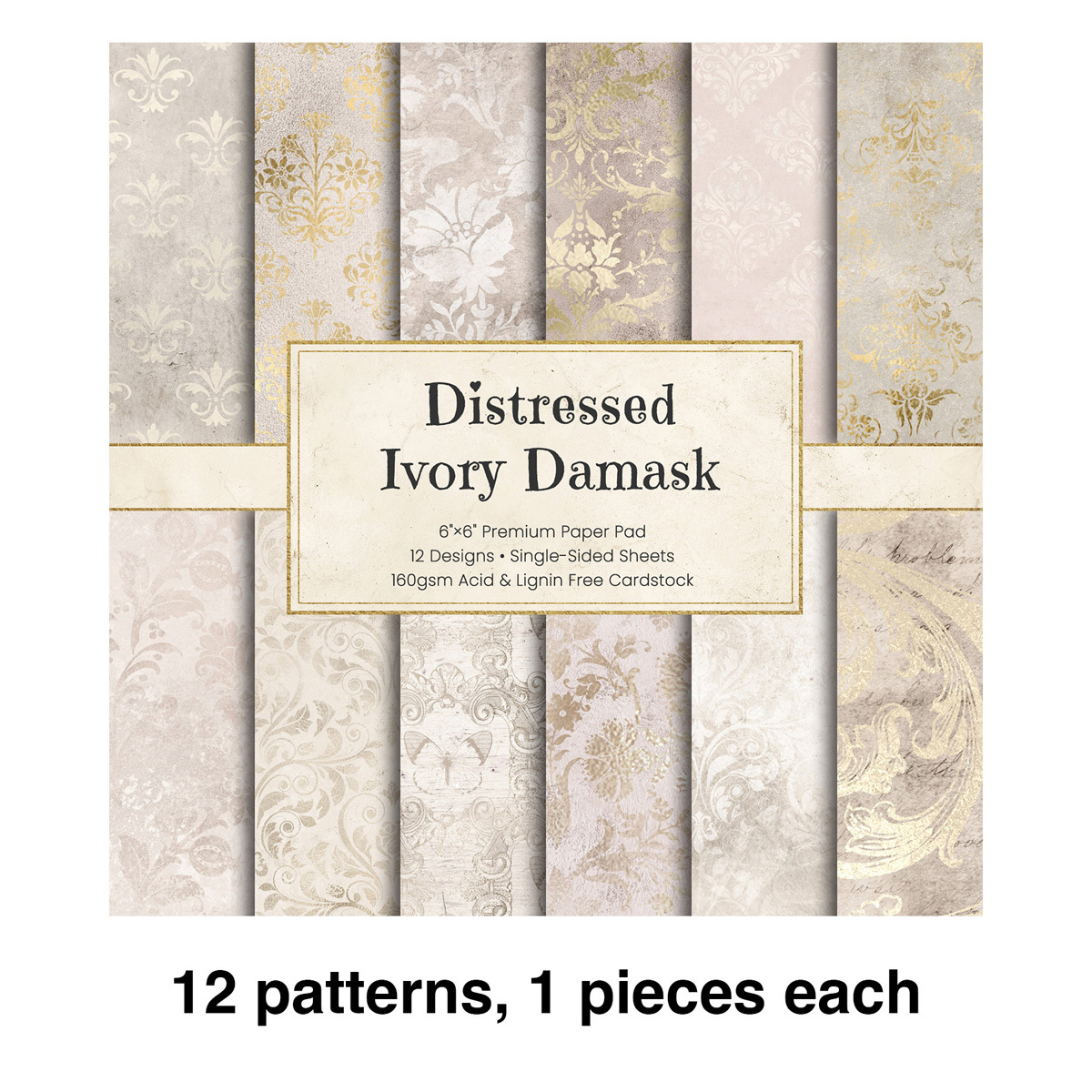TEMU 12/24/36 Sheets 6x6 Inch Paper Pad Distressed Ivory Damask Pattern Cardstock 12 Designs Craft Background Paper For Junk Journal