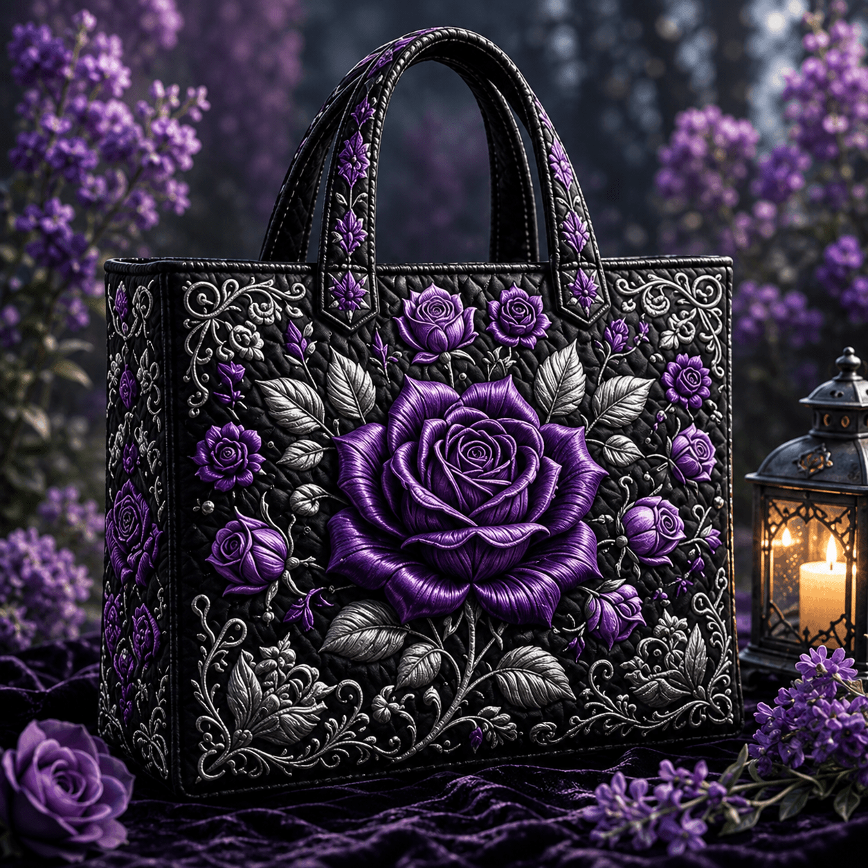 TEMU 1pc Women's Gothic Black Vintage Quilted Tote Bag With Purple Rose Floral Print & Ornate Vines - Large Capacity Lightweight Handbag Suitable For